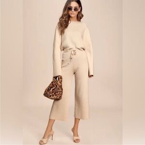 Lulu's Snuggly Style Cream Ribbed Cropped Sweater And Pants Lounge Set Size XS/S